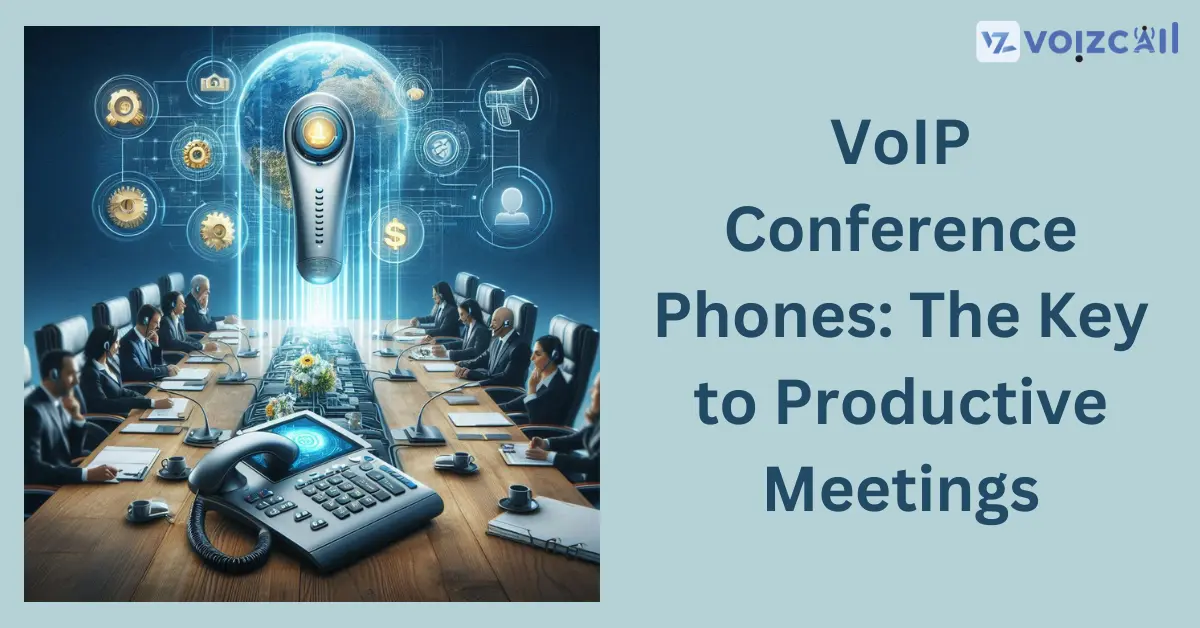 A group of people in a meeting room, using a VoIP conference phone.